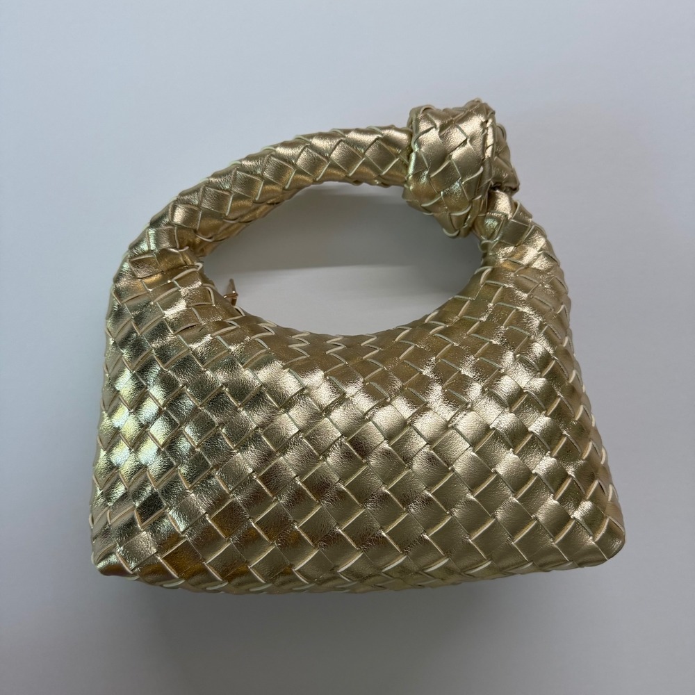 Gold Woven Knotted Handle Crossbody Bag Metallic Hobo Handbag